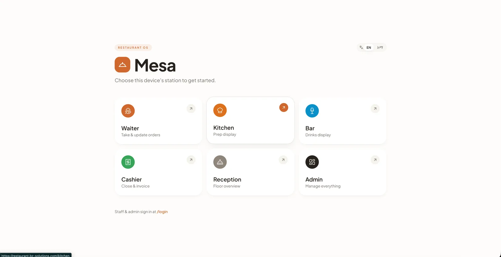 Role picker for kitchen, bar, cashier, reception and admin stations