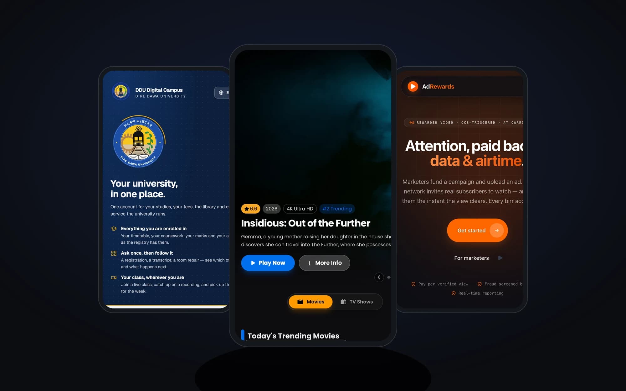 Three mobile apps side by side: a university campus portal, a streaming service and a rewarded-ads platform