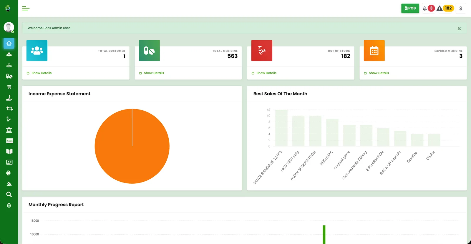 Income and expense dashboard with monthly best sellers